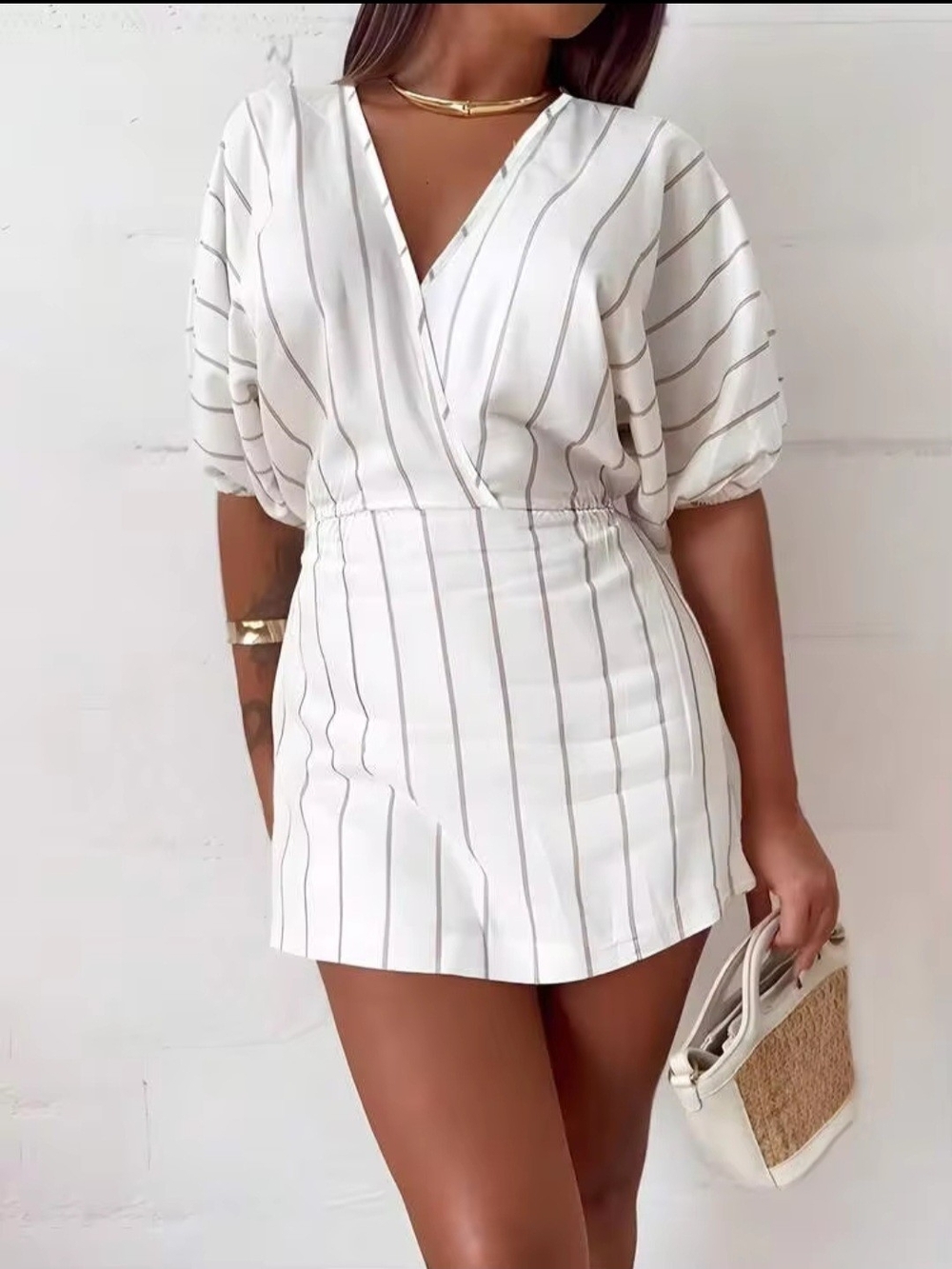 SHEIN White Striped V-Neck Mini Dress